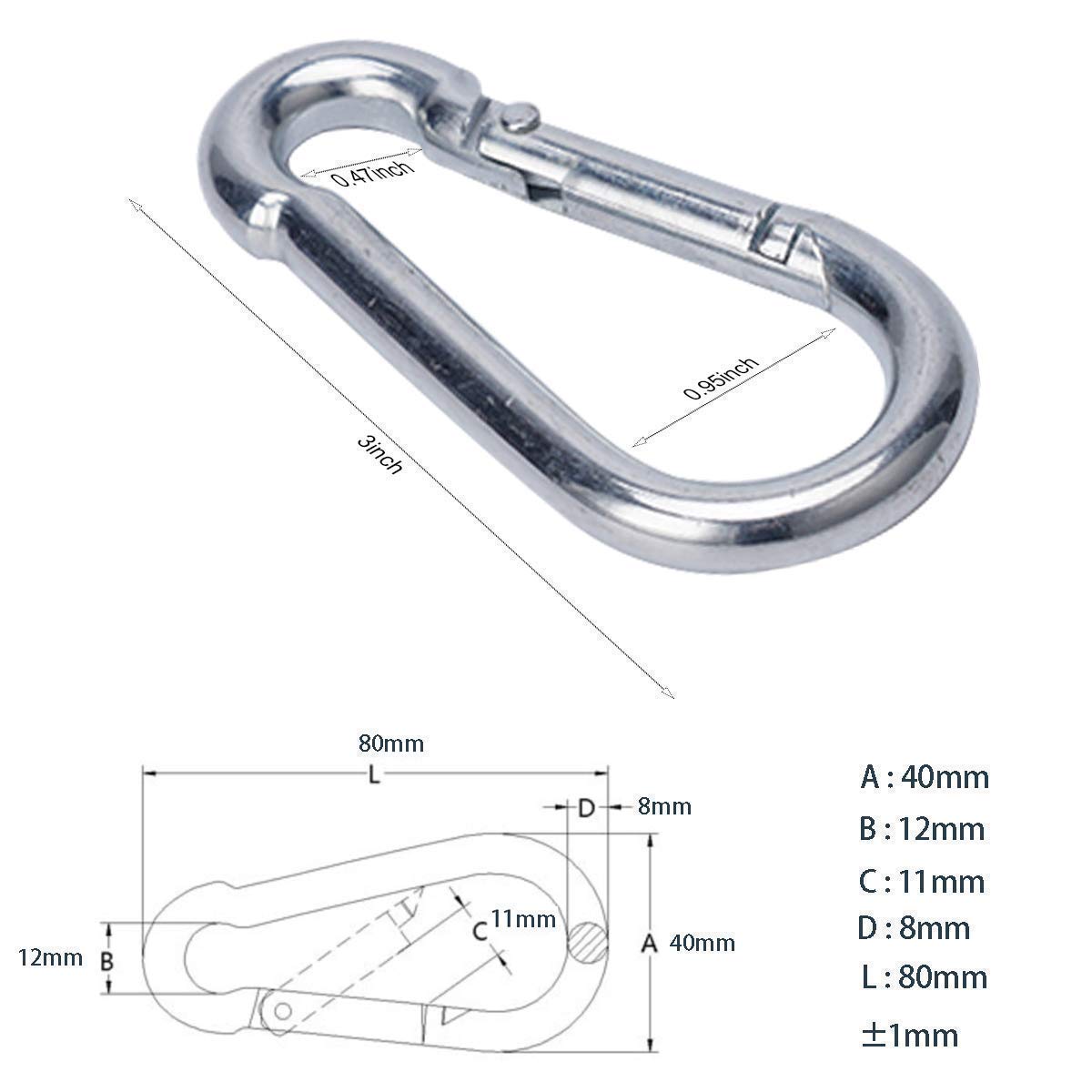 3 Inch Carabiner Clip Spring Snap Hook Heavy Duty 6pcs M8x80mm for Fitness Hammock Swing Camping Hiking