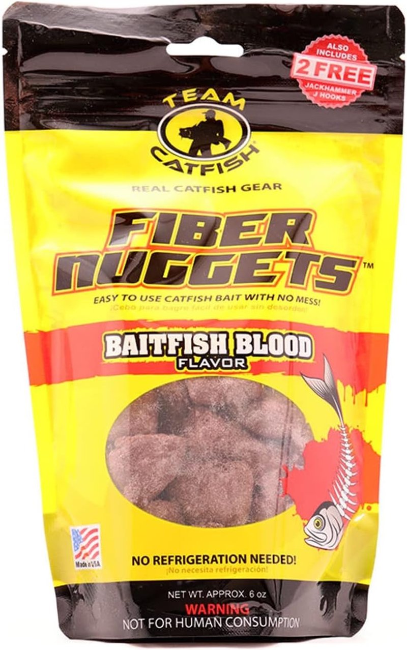 Team Catfish Fiber Nuggets - Baitfish Blood Flavor | 6-Ounce Resealable Bag with 2 Hooks