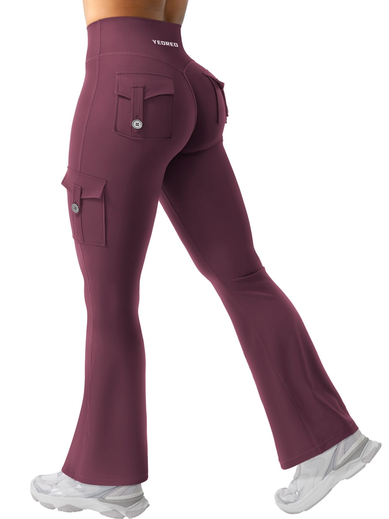 YEOREO CoreFlex Women Workout Flare Leggings with Pockets Scrunch Cargo Gym Yoga Leggings Black Cherry L