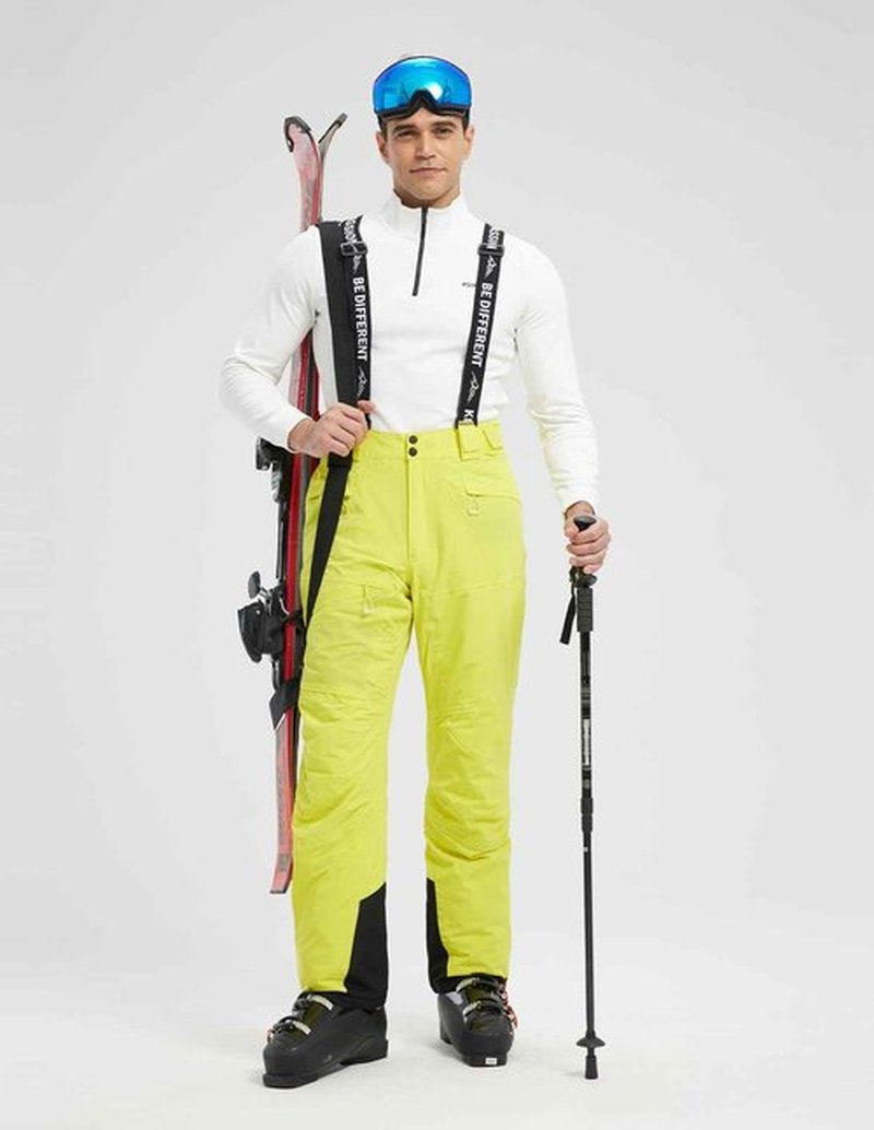 fit space Men's Ski Snow Pants Waterproof 15,000mm Removable Stretch Suspenders Insulated Winter Alpine Pants (Lemon,Large)