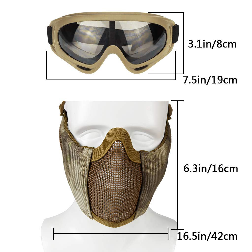 Yzpacc Airsoft Mask with Goggles, Foldable Half Face Airsoft Mesh Mask with Ear Protection for Paintball Shooting Cosplay CS Game