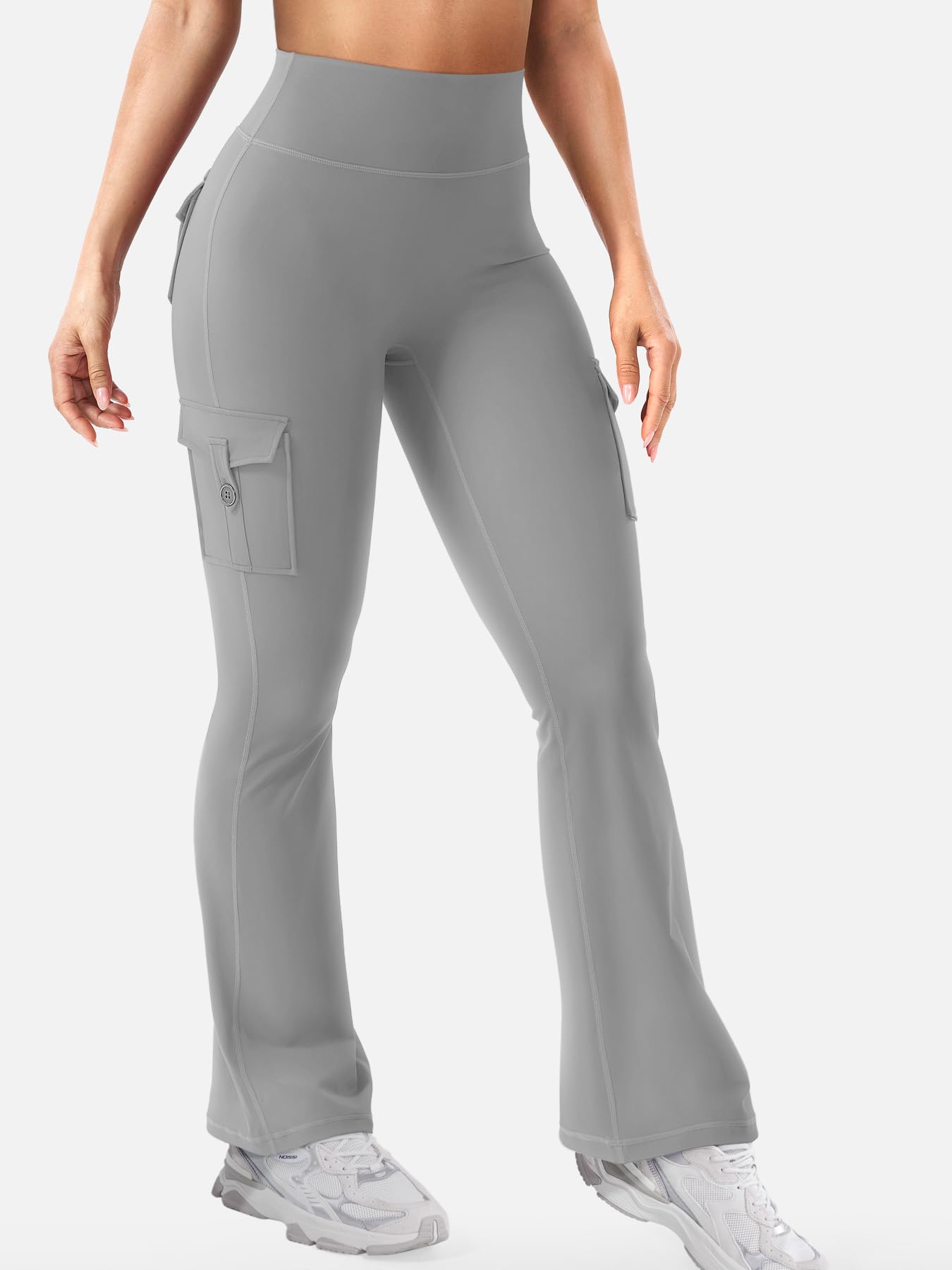 YEOREO CoreFlex Women Workout Flare Leggings with Pockets Scrunch Cargo Gym Yoga Leggings Light Gray XXL