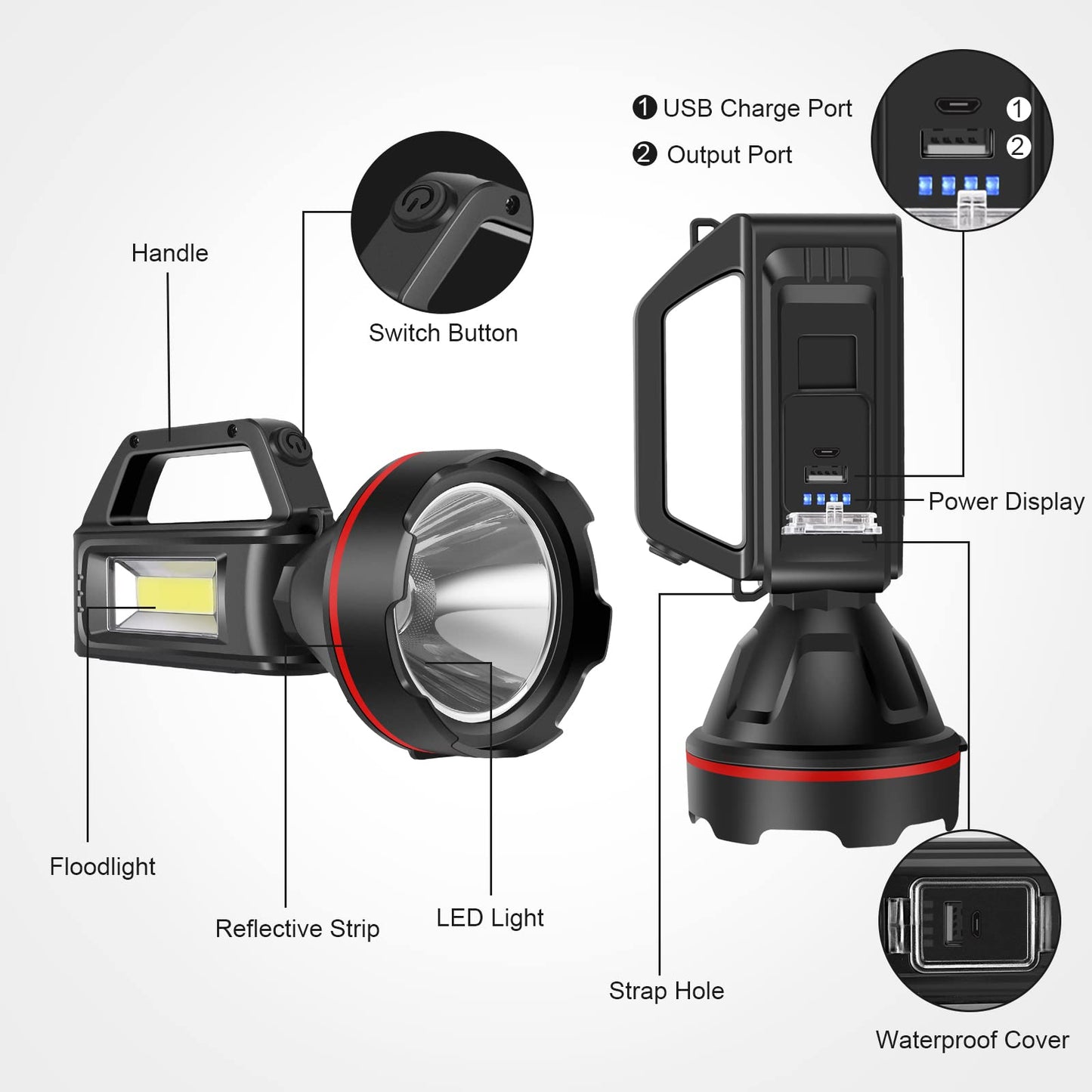 Rechargeable Spotlight Flashlight, High Lumens Handheld Spotlight,LED Searchlight with Shoulder Strap and USB Output for During Hurricane,Emergency, Storms,Hunting , Hiking, Camping(Black Pack of 2)