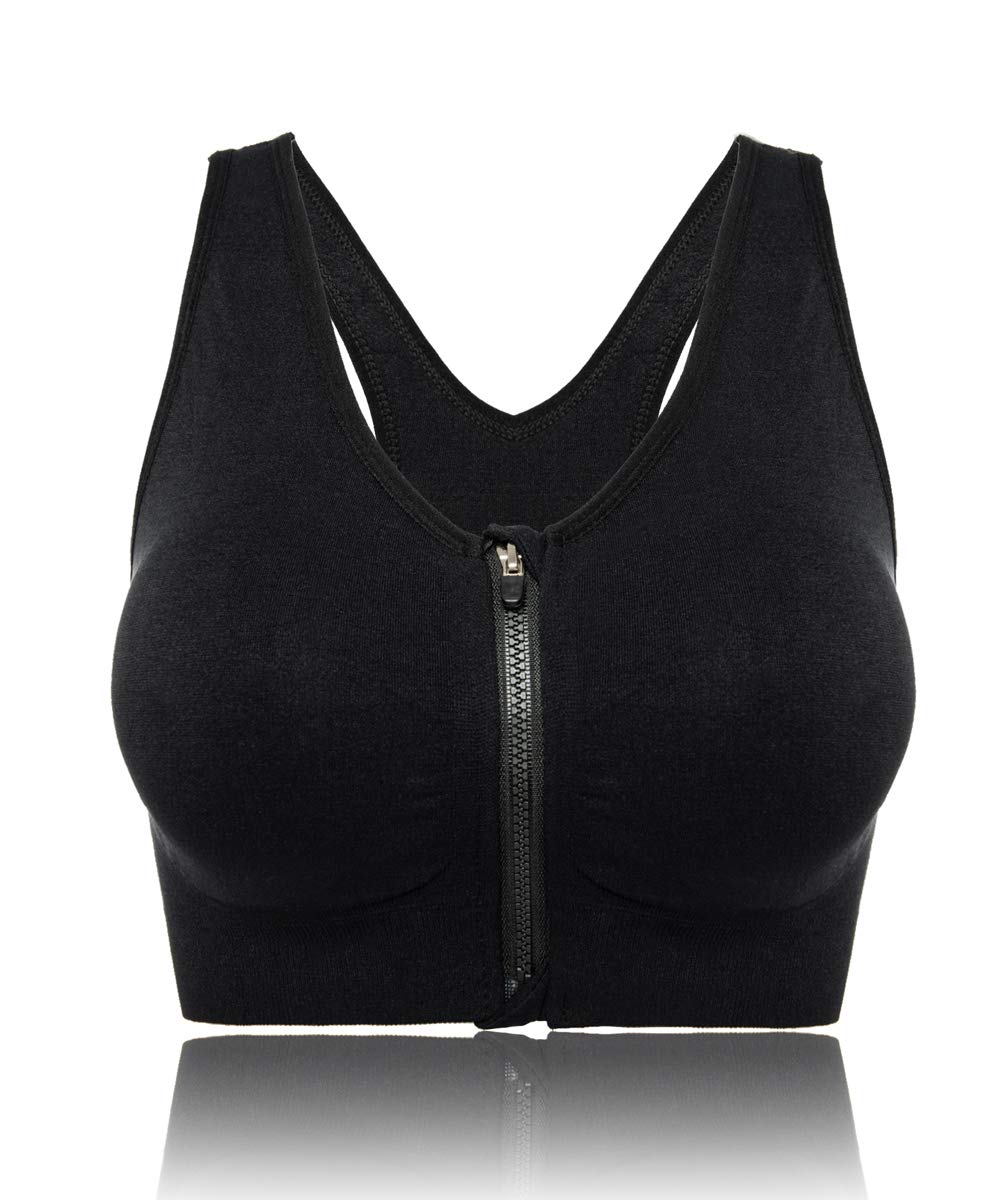 Women's Wireless Post-Surgery Zip Front Sports Bra | Medium Support Yoga Activewear Bra for Workout Recovery