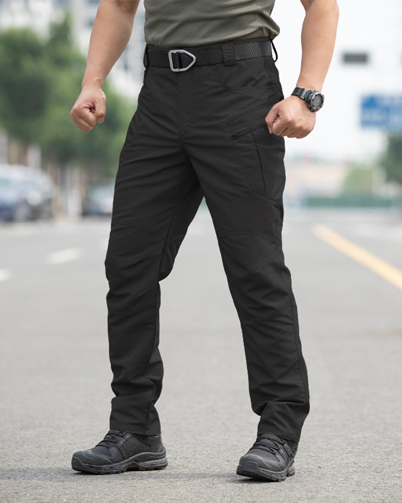Men's Stretch Tactical Pants,Water Resistant Ripstop Cargo Pants, Lightweight Outdoor Work Hiking Pants with Multi Pockets (No Belt),Black