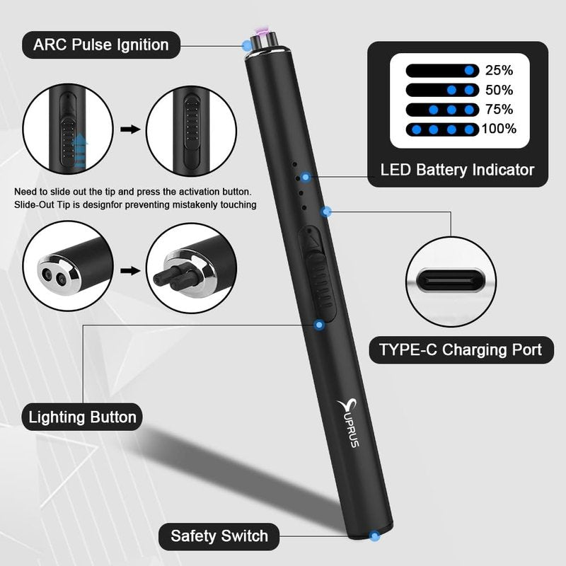 Electric Arc Windproof Flameless USB Rechargeable Lighter - Safety Lock for Candles | Black