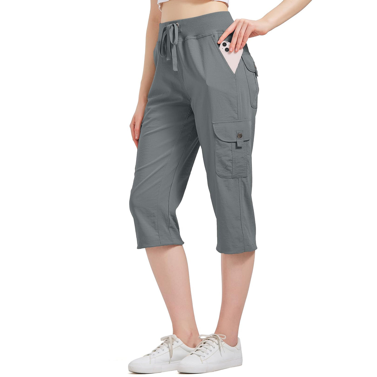 Women's Cargo Capris Hiking Pants with 6 Pockets Lightweight Quick Dry Outdoor Travel Casual Comfy Summer Pants(2032 Grey L)