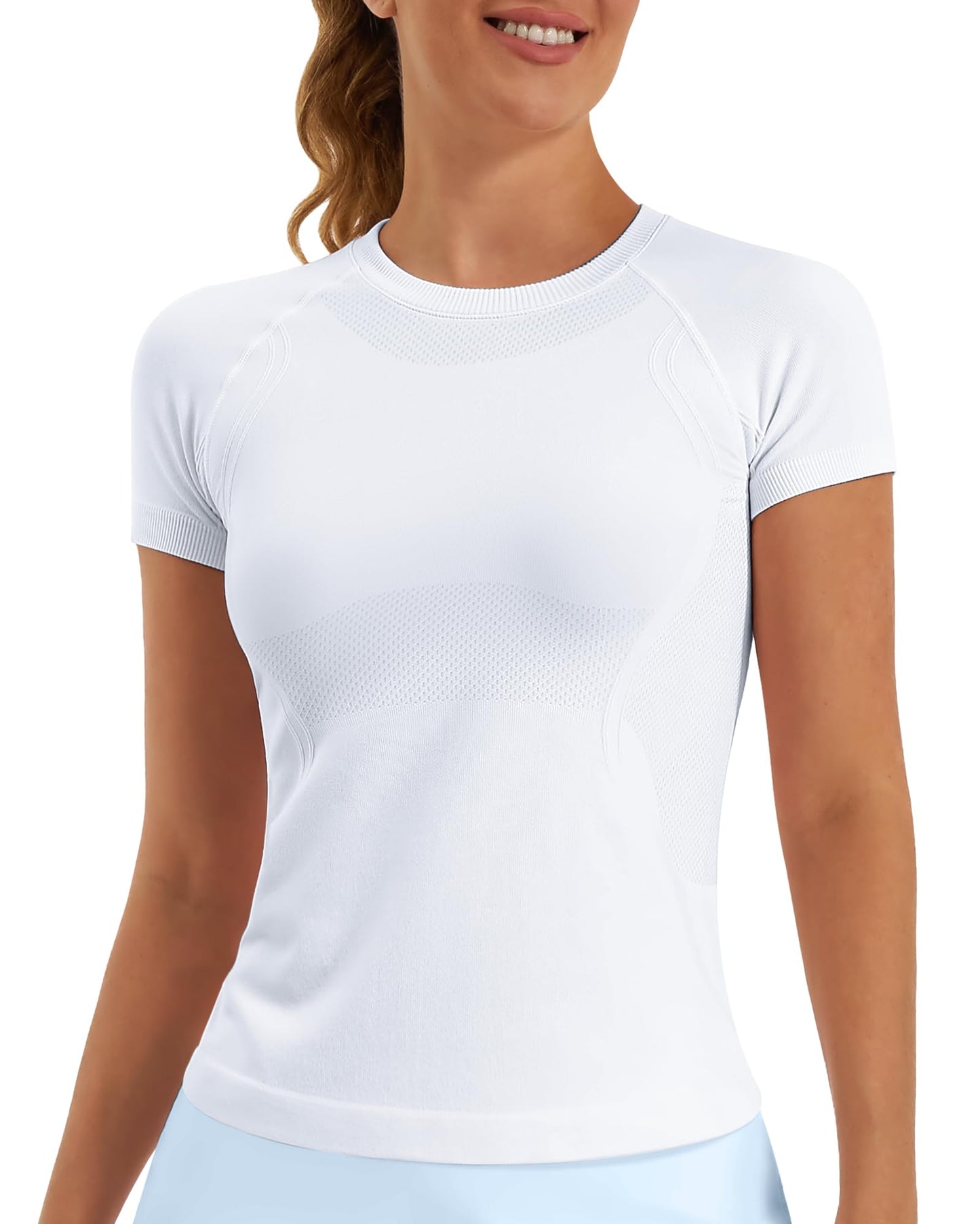 Stelle Women Workout Tops Short Sleeve Seamless Athletic Shirts Yoga Gym Sports Breathable Tees(White,S)