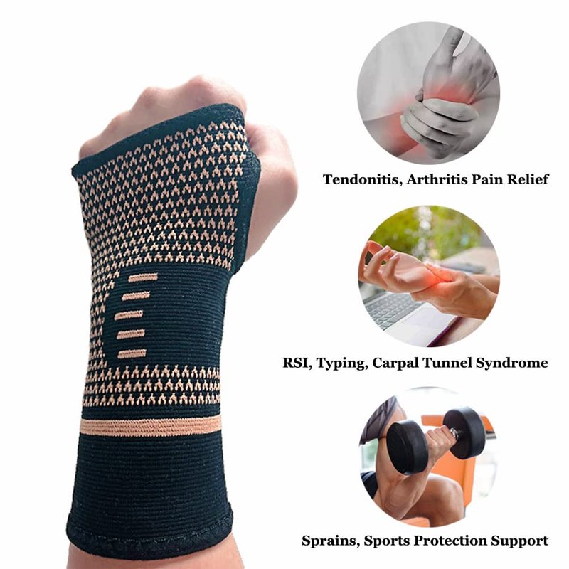 Copper Wrist Compression Sleeves(2PCS), Elastic Wrist Support Sleeve Wrist Brace for Tendonitis, Arthritis, Sprains Pain Relief, Breathable Carpal Tunnel Hand Brace for Sport, Fitness, Workout, Typing
