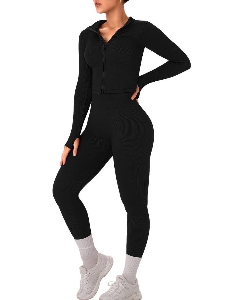 OLCHEE Womens Workout Sets 2 Piece Seamless Ribbed Long Sleeve Yoga Outfits High Waist Leggings Zipper Jacket Thumb Hole Gym Set - Black Medium