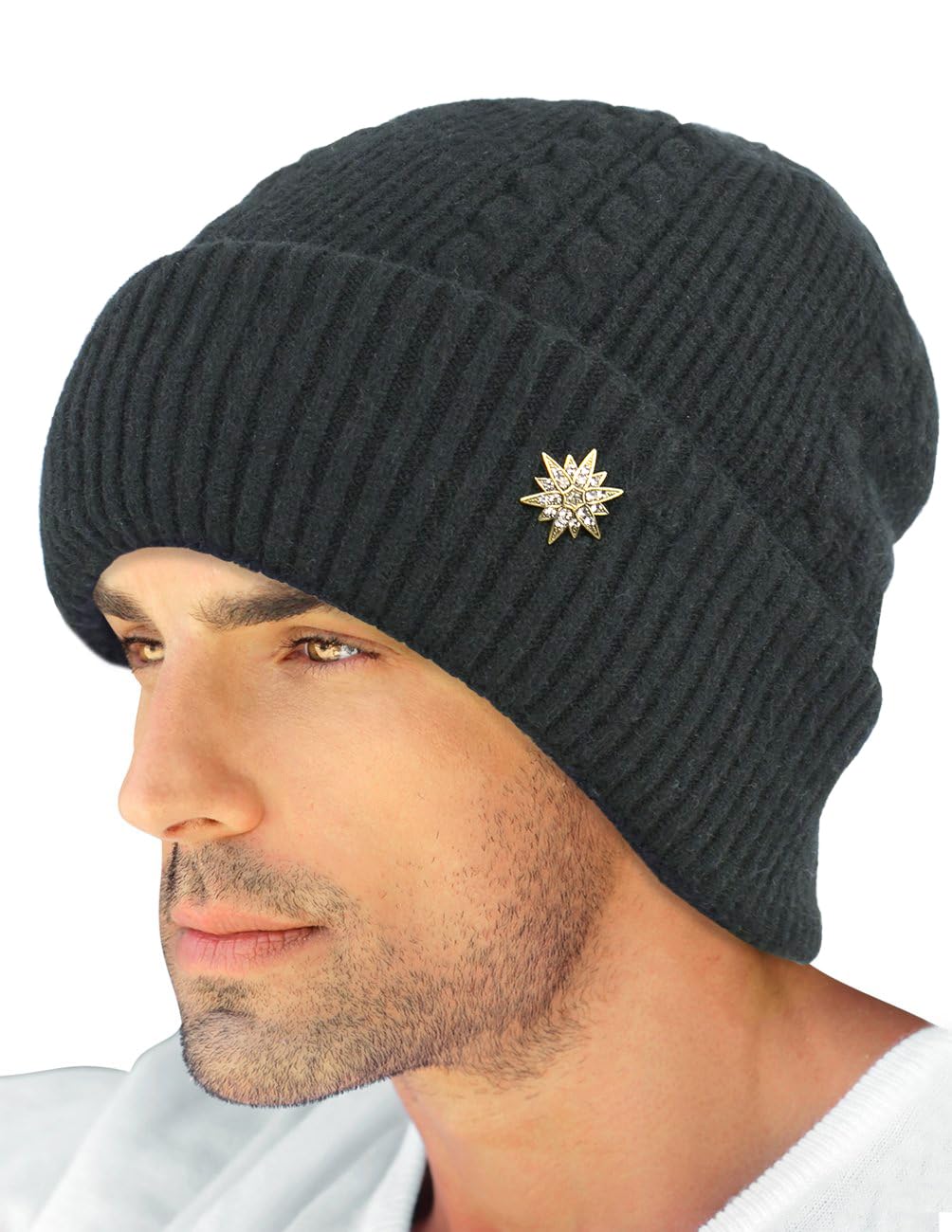 Dahlia Men's Beanies - Wool, Cable Knit Winter Hat, Fleece Lined, XL, Black