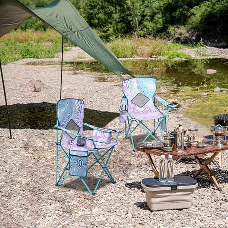 Nazhura 2 Pack Folding Camping Chair with Cooler Pouch, Mesh Backrest and Cup Holder Pocket (Flower, 2 Pack)