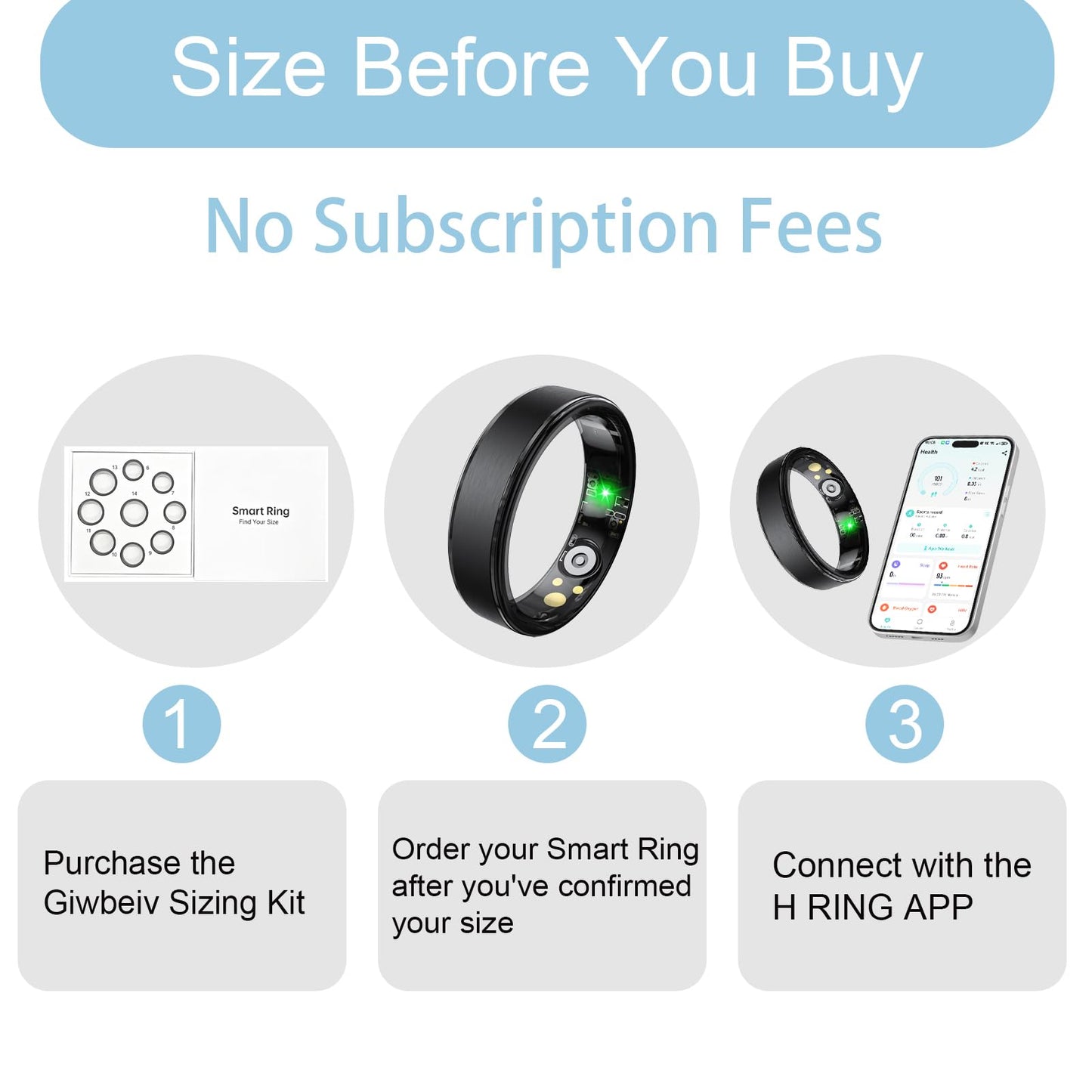 Giwbeiv Smart Ring for Women Men, Health Fitness Tracker Ring with Heart Rate/Sleep Tracker/Blood Oxygen/HRV/Stress/Calorie/Steps, IP68 Waterproof for iOS & Android, No APP Fees(Black,10#)