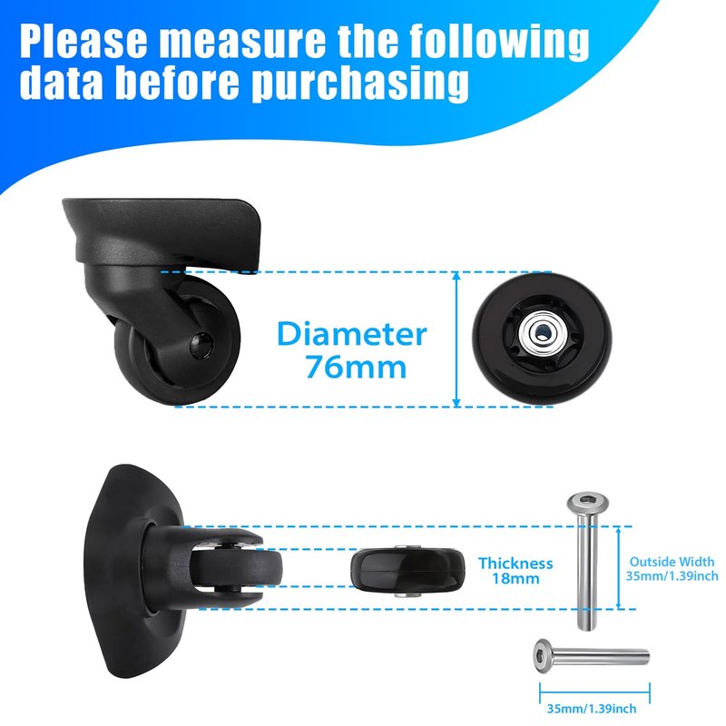 Bntyok 2 Pcs Luggage Replacement Wheels 75x24mm Silent PU Wheel with 608 Bearings, Heavy Duty Repair Kit for Suitcase Travel Bag Rolling Luggage - Smooth Glide Durable ﻿