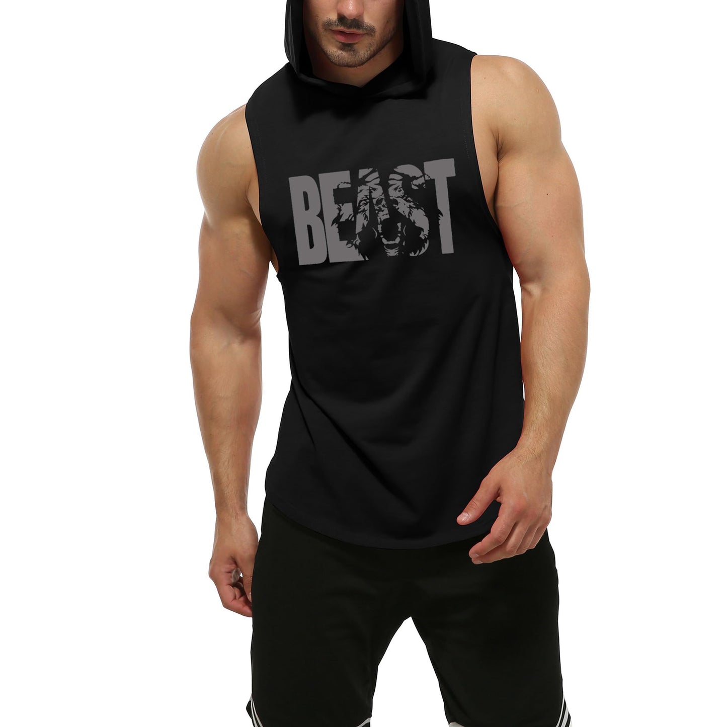 GYM REVOLUTION Men's Beast Workout Sleeveless Shirts Muscle Hooded Tank Gym Fitness Quick Dry Sleeveless Hoodies Black L