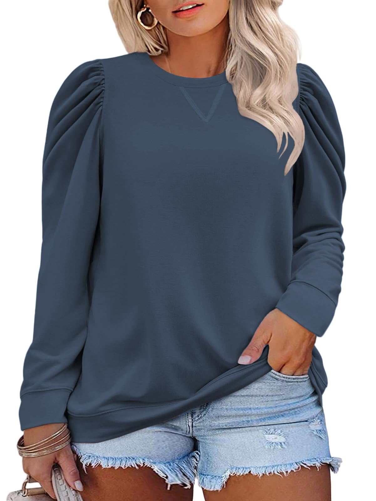 DOLNINE Puff Sleeve Tops for Women Trendy Crewneck Winter Puff Sleeves Dressy Shirts Navy Bue 2XL