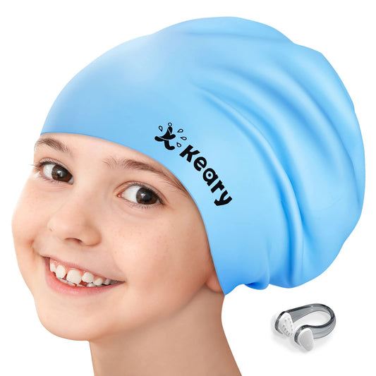 Keary Kids Swim Cap for Girls Boys Youth Junior Teens Kids 6-14 Large Swimming Caps for Long Hair Braids and Dreadlocks Waterproof Silicone Cover Ear Bathing Pool Shower Swimming Cap to Keep Hair Dry