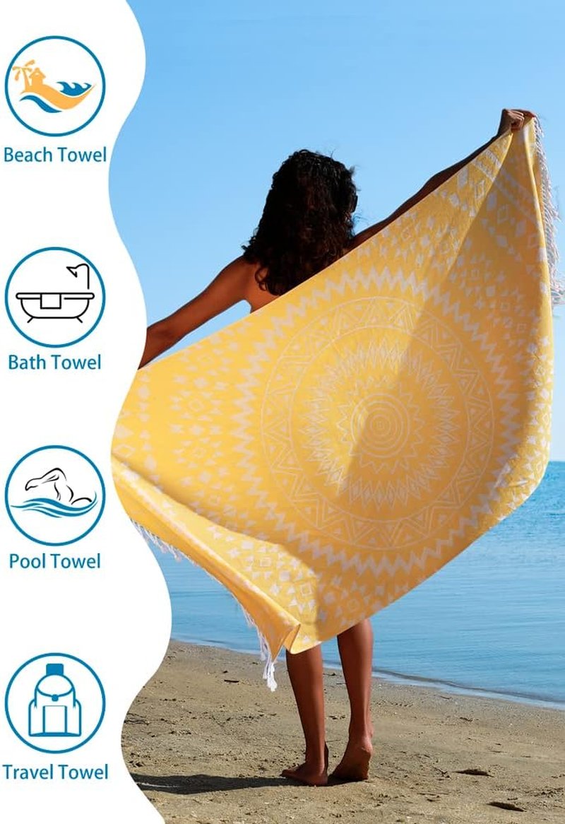 Turkish Beach Towel - Quick Dry Absorbent 100% Cotton | Extra Large Mandala Green & Yellow, 36x75 Inch - 2 Pack