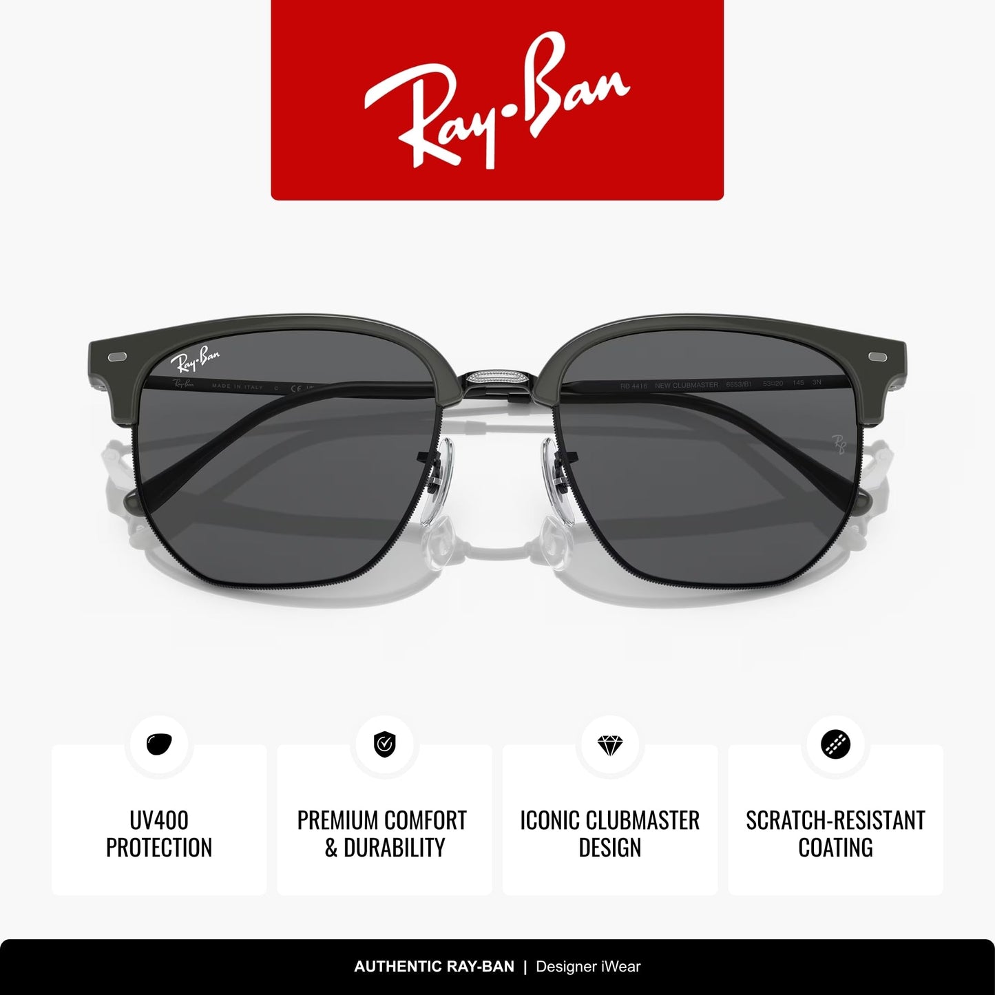 Ray-Ban RB4416 New Clubmaster 6653B1 53MM Grey On Black/Dark Grey Square Sunglasses for Men for Women