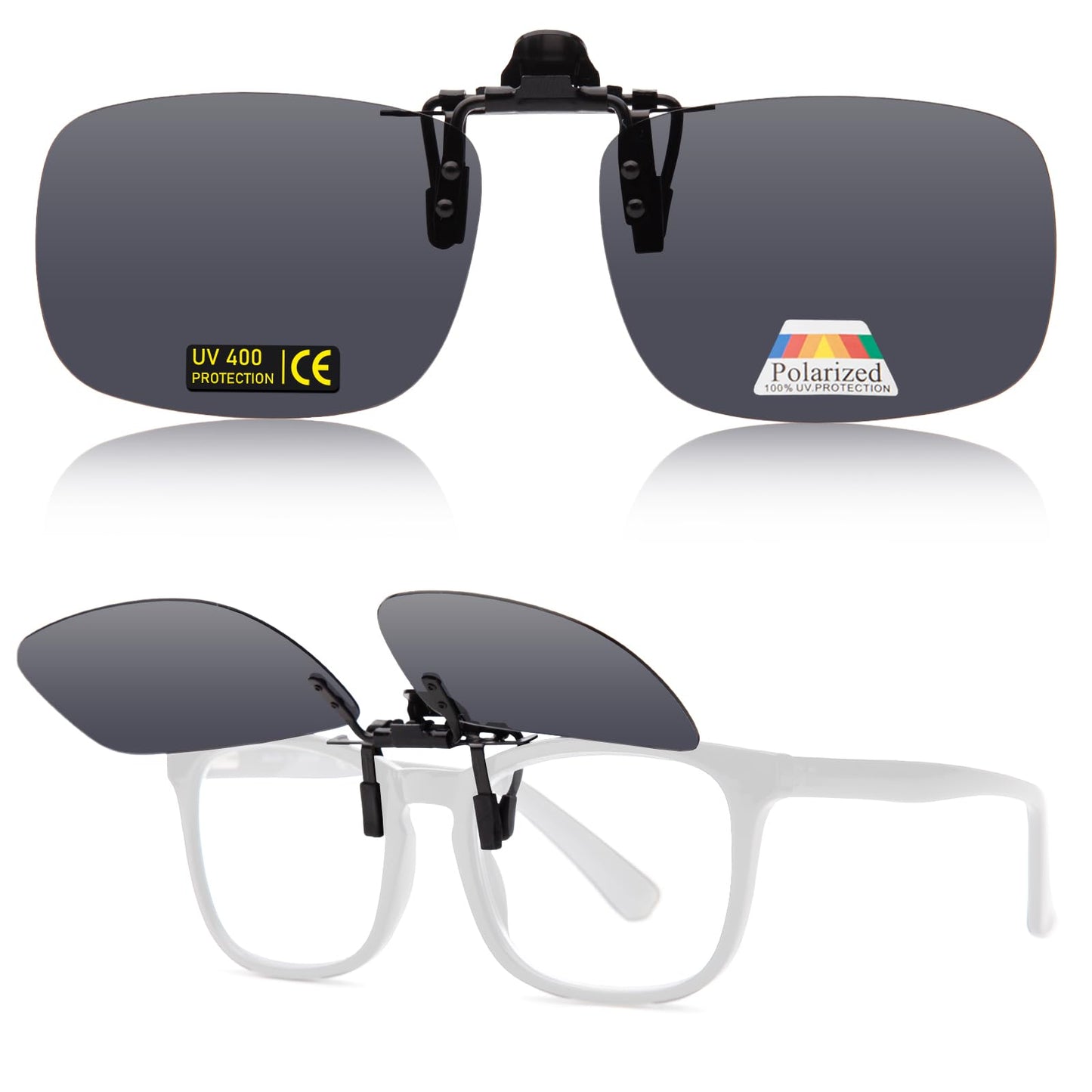 JO Polarized Clip-On Sunglasses UV400 Anti-Glare Lenses Laser Edge Design Unisex (Black 7801, 43mm X 60mm)