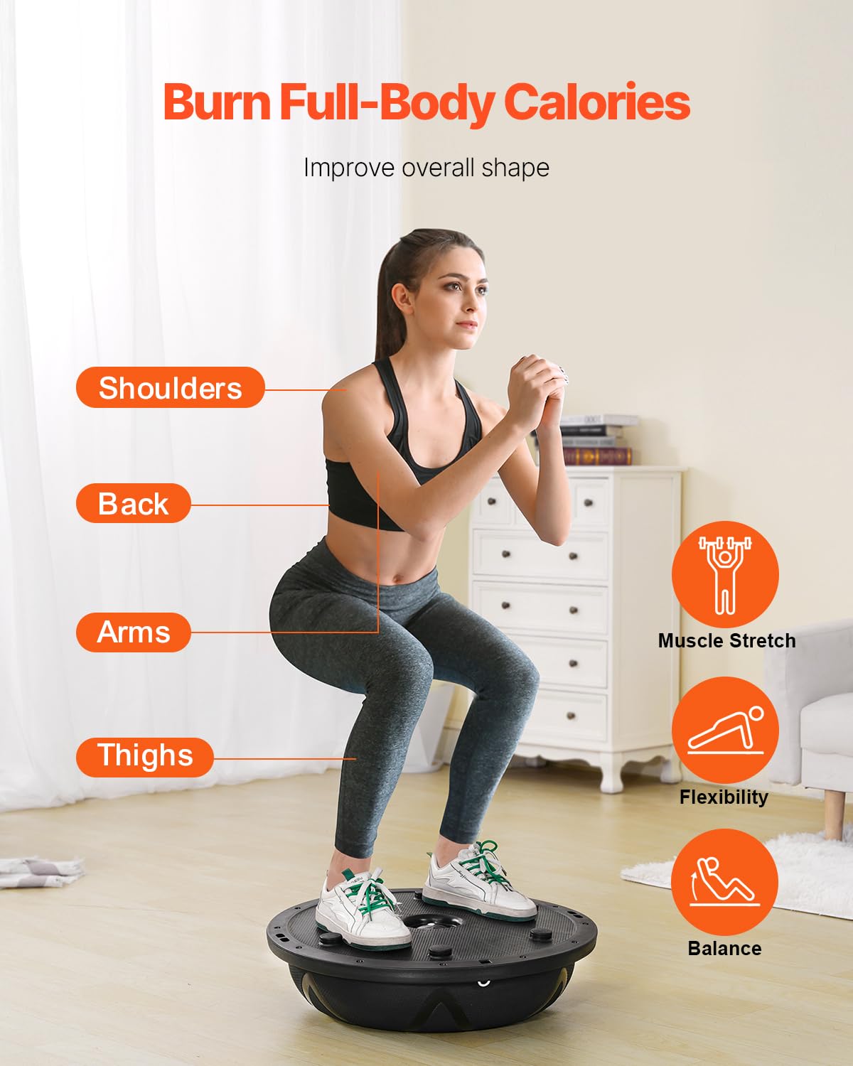 VEVOR 23-inch Half Exercise Ball Trainer, 660 lbs Capacity Balance Ball, Includes Resistance Bands and Pump, Ideal for Full Body Workouts, Yoga, and Strength Training at Home Gym, Black