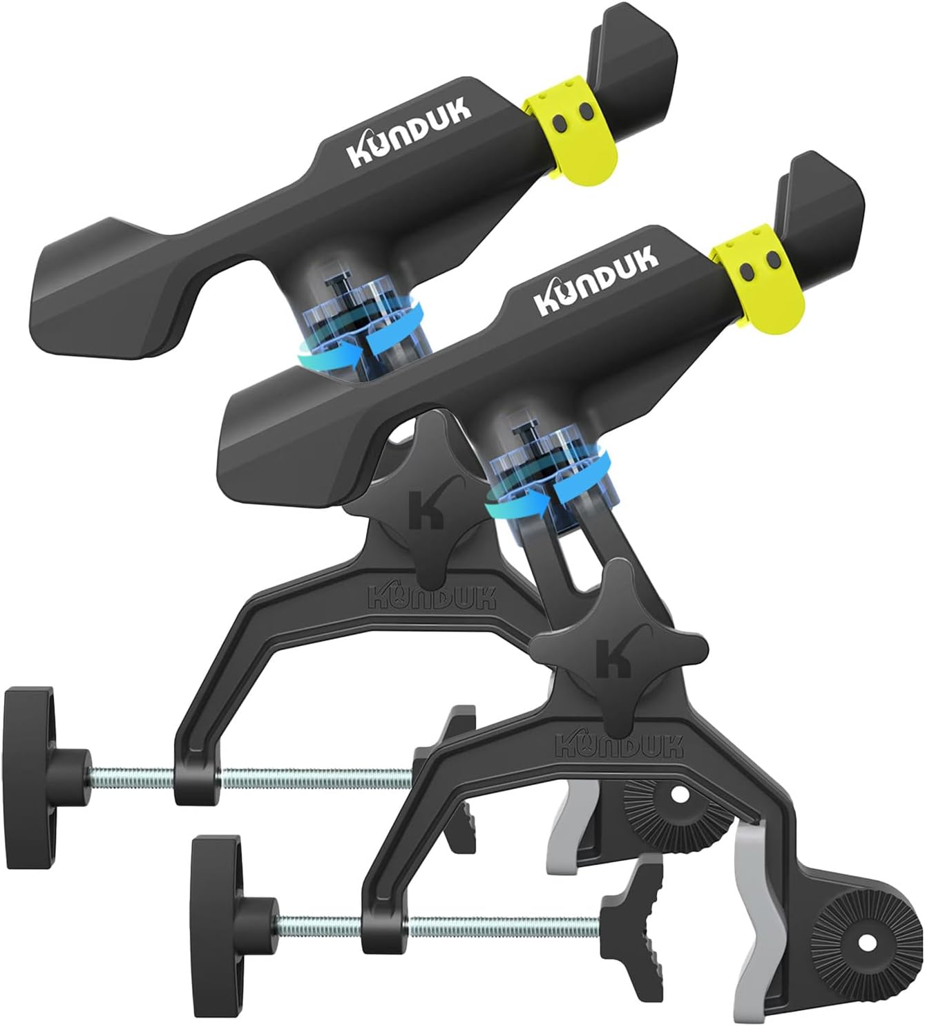Fishing Rod Holder - 360° Dual Rotation with Button-Lock | Universal Silicone Strap & Enlarged V-Clamp for Round/Square Tubes