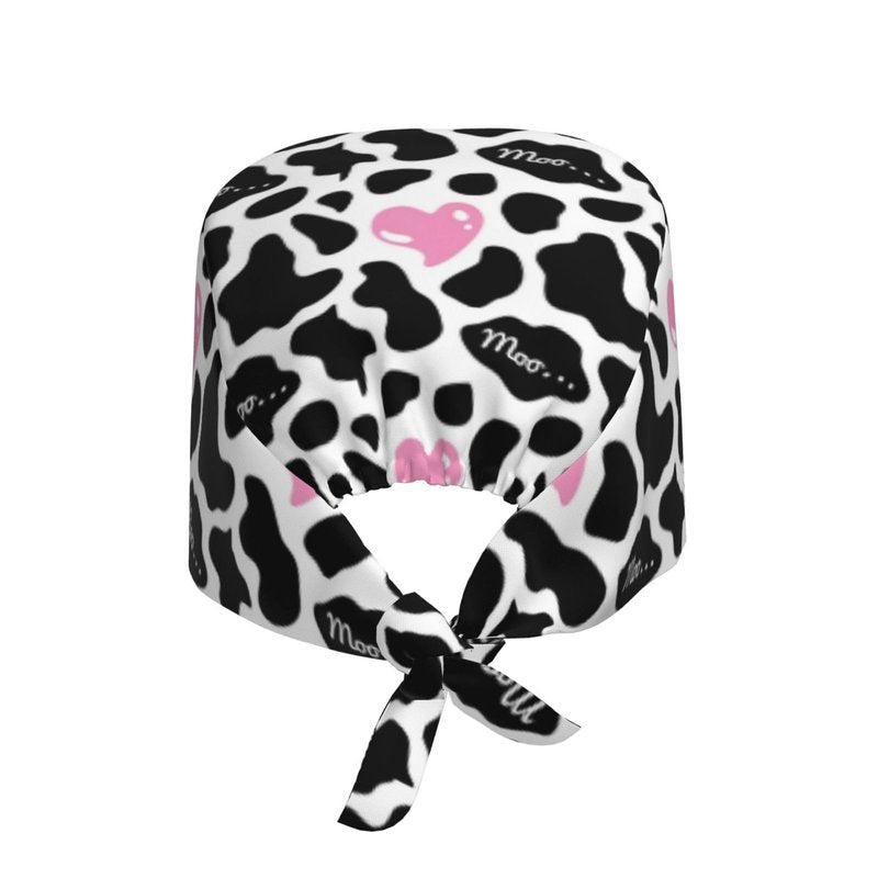 Black and White Cow Print Love Heart Cute Pink Working Cap Scrub Cap with Sweatband Adjustable Unisex Women Tie Back Hat Nurse Surgical Caps
