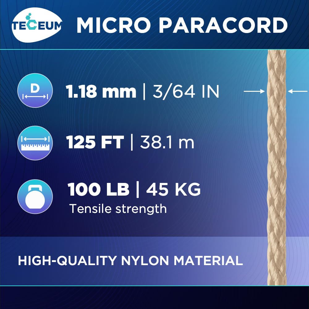 TECEUM Micro Paracord – Beige – 1.18 mm x 125 ft – Micro Utility Cord – Thin Braided Paracord Rope Nylon Polyester – Wind Chime Replacement – Survival Strong String 366c