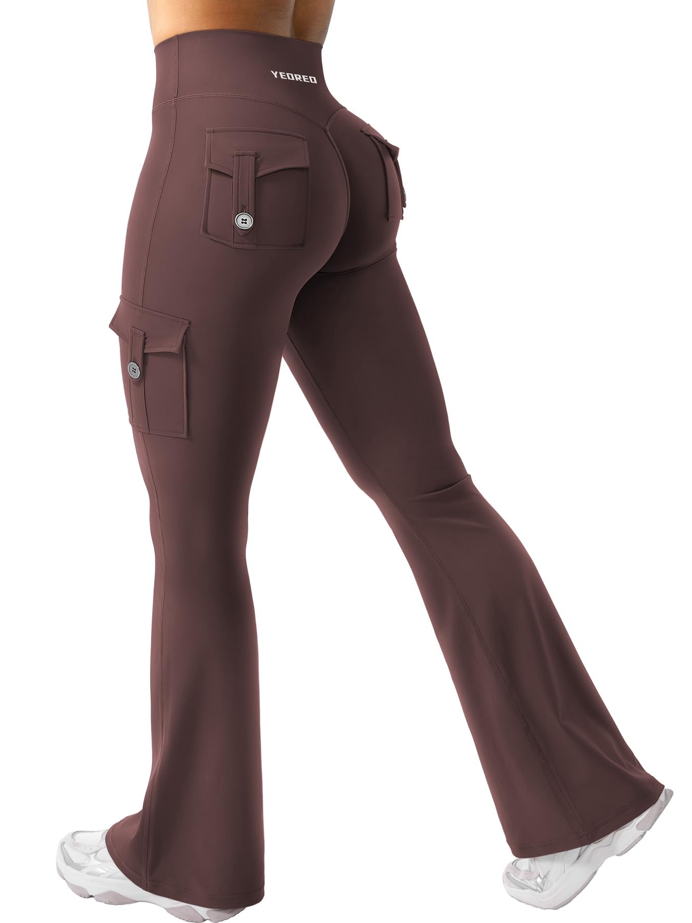 YEOREO CoreFlex Women Workout Flare Leggings with Pockets Hidden Scrunch High Waisted Cargo Gym Yoga Leggings Brown S