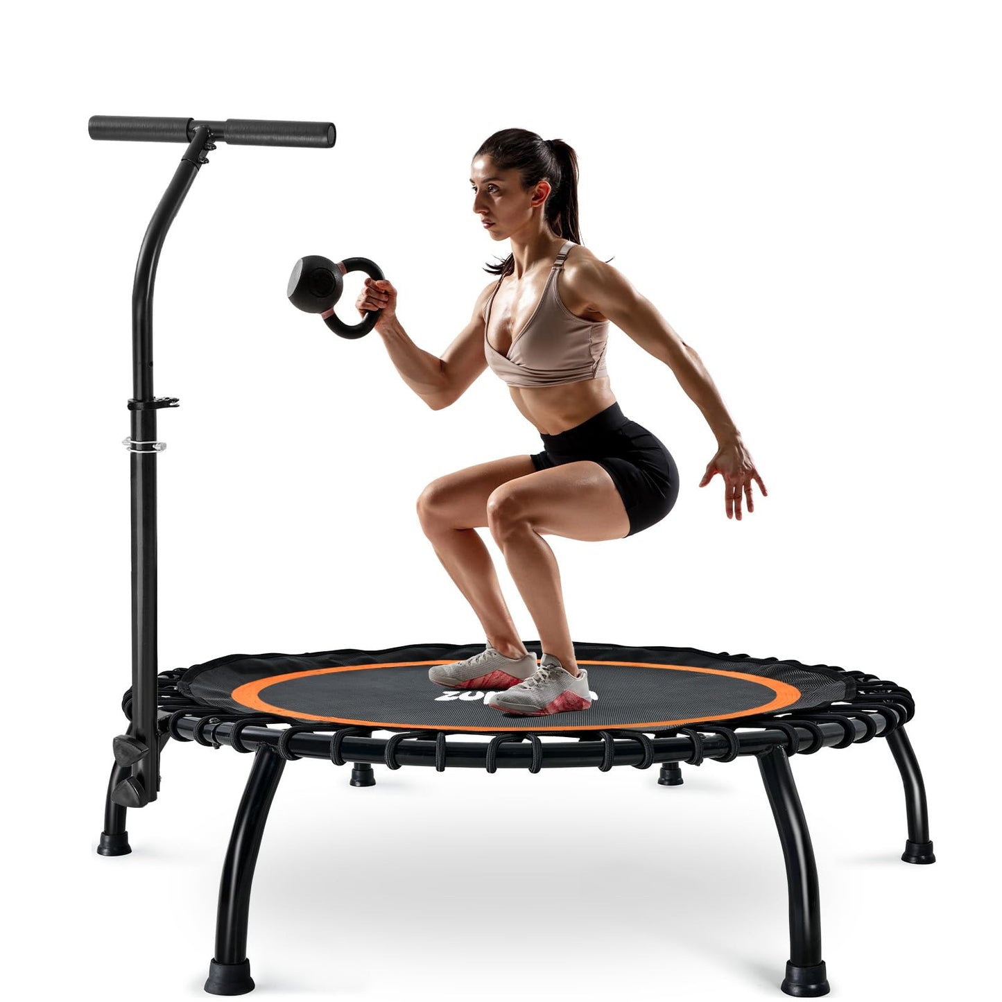 Zupapa Rebounder Trampoline for Adults with Adjustable bar Indoor Mini Small Fitness Workout Exercise Trampolines for Kids with Handle Silent Bungee Cords 40" 45" 300LBS Weight Capacity