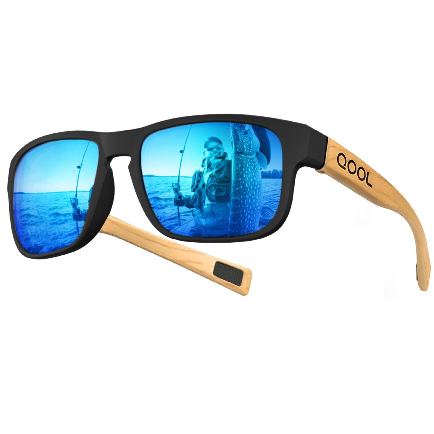 QOOL TIMES F11 Casual sport Wooden Bamboo Blue Sunglasses Temples for Men Women, Running Driving Golfing Cycling Hiking Fishing baseballand Outdoors