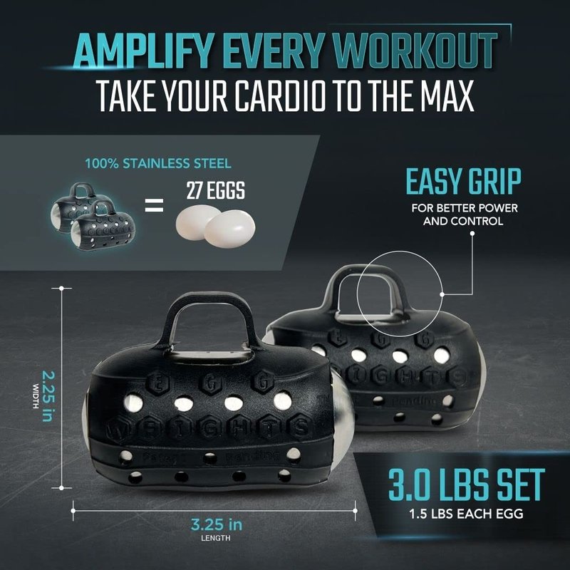 Handheld Weights Cardio Max 3.0 lbs (2 Eggs, 1.5 b Each) Stainless Steel Set (Black) + Free E-Book Workout Guide. Palm-Centered with Secure Grip Keep Your Natural Motion.