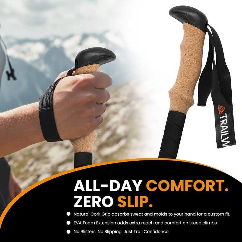 TRAILWORX 3K Carbon Fiber Trekking Poles, Collapsible Set of 2 Lightweight Adjustable Hiking Poles 24.5"-54" with Cork Grip, Tungsten Carbide Tips, Black, Includes Carry Bag, Snow & Mud Baskets