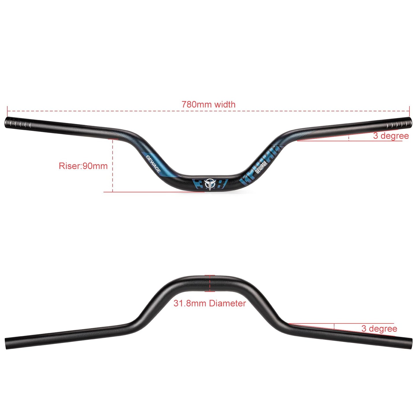 31.8 Bike Handlebar - 25mm, 55mm, 70mm, 90mm,120mm Riser Handlebar - 780mm Aluminium Alloy Mountain Bike Bicycle Handlebars (90mm Rise)