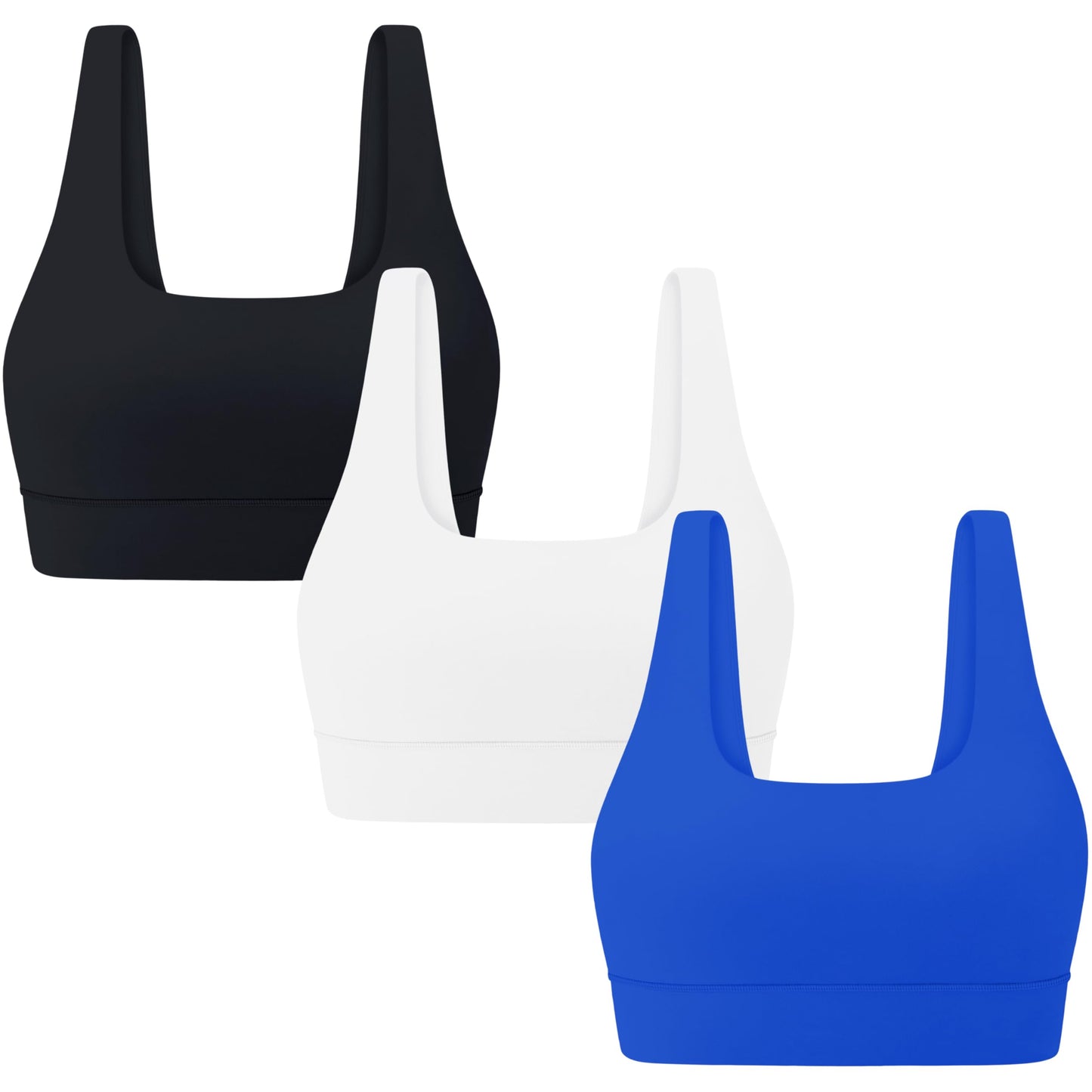 MIRITY 3-Pack Scoop Neck U Back Sports Bras for Women - Low Impact Padded Workout Yoga Crop Top Black White Blue Large