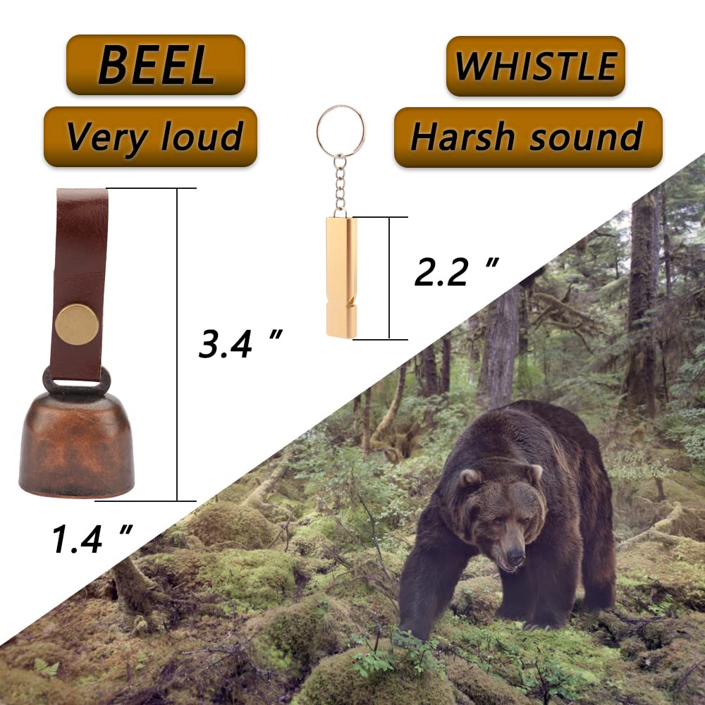 Loud Bear Bells with Leather Button Strap and Emergency Whistle for Survival, Hiking, Biking, Fishing, Climbing（2sets