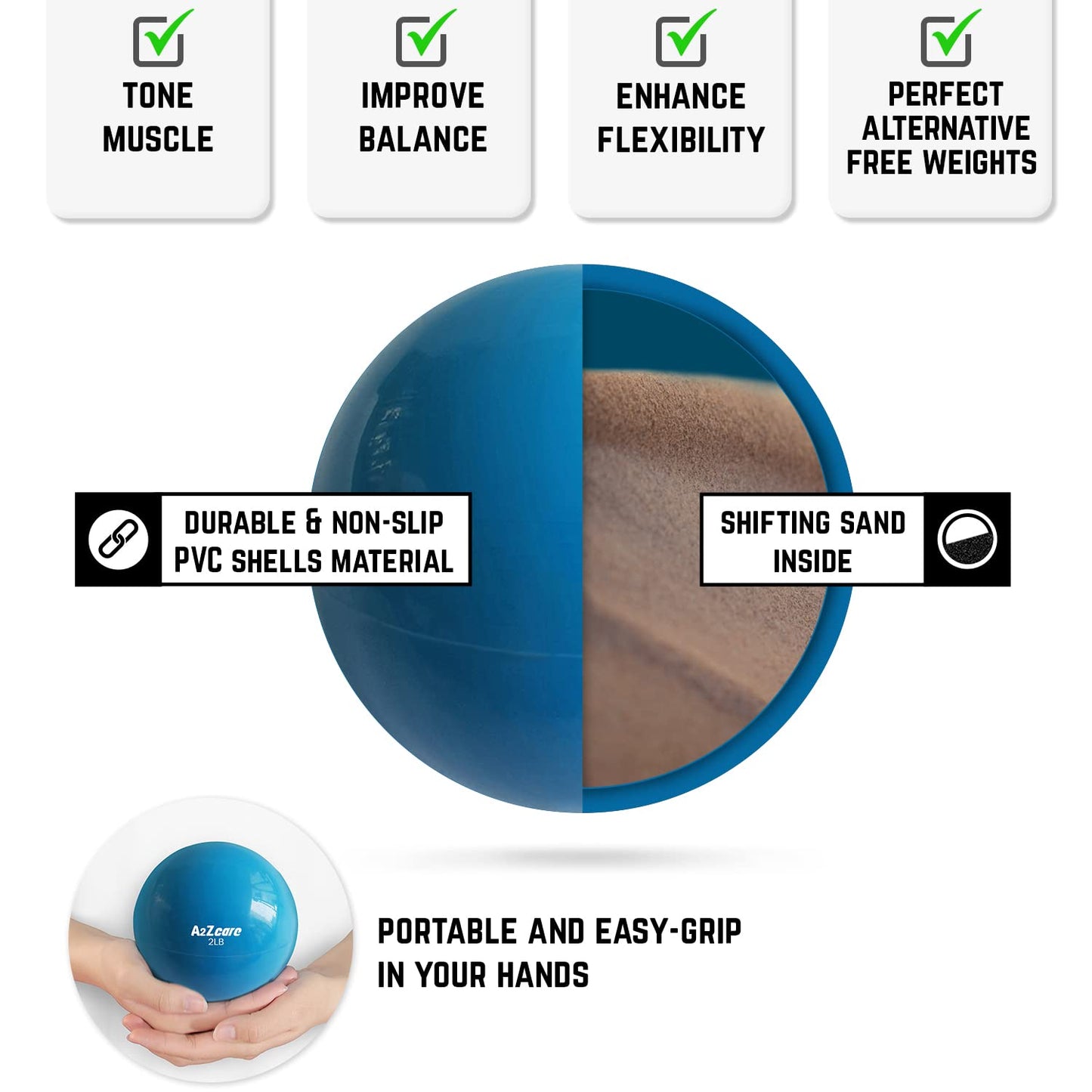 A2ZCARE Toning Ball - Weighted Toning Exercise Ball - Soft Weighted Medicine Ball for Pilates, Yoga, Physical Therapy and Fitness - Blue (2lbs - Pair)