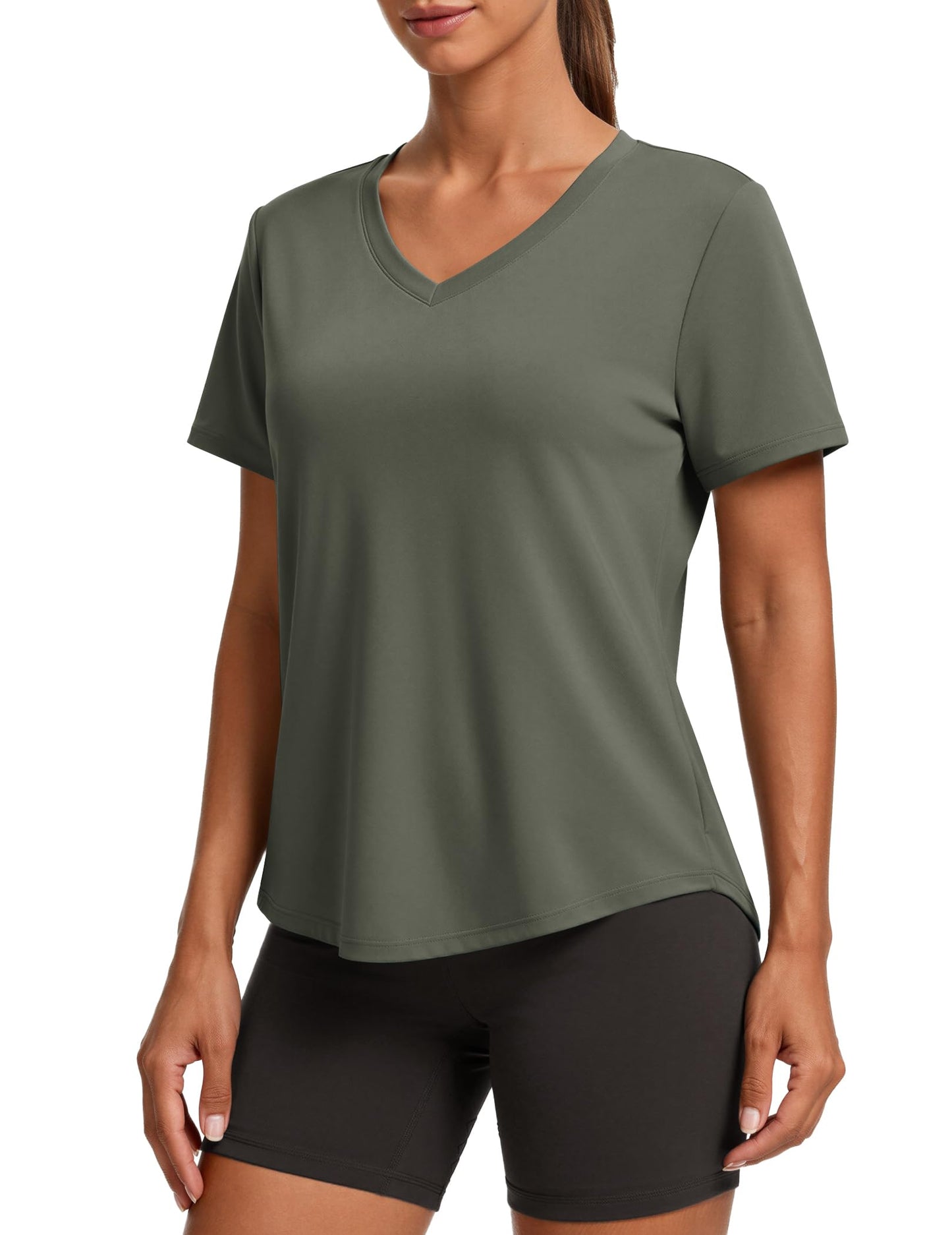 PINSPARK Breathable T-Shirts for Women Short Sleeve V Neck Moisture Wicking Workout Tops Quick Dry Lightweight Athletic Gym Shirts,Olive Green XX-Large