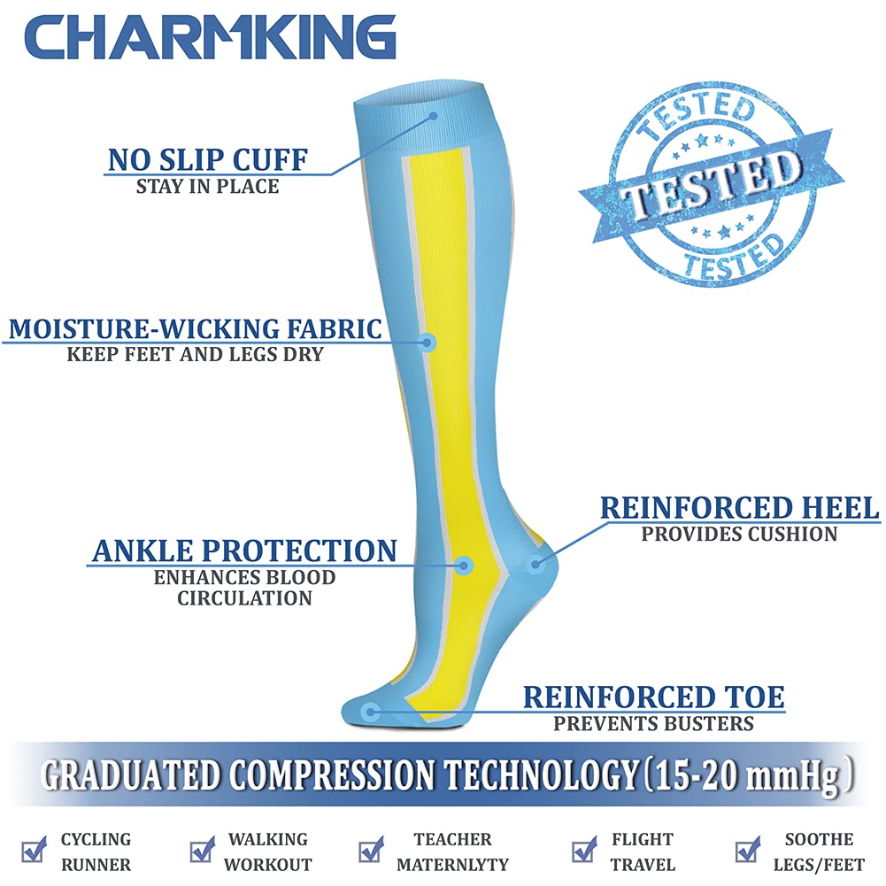CHARMKING Compression Socks for Women & Men (8 Pairs) 15-20 mmHg Graduated Copper Support Calf Socks are Best for Pregnant, Nurses - Boost Performance, Circulation, Knee High Wide Calf(S/M, Multi 13)