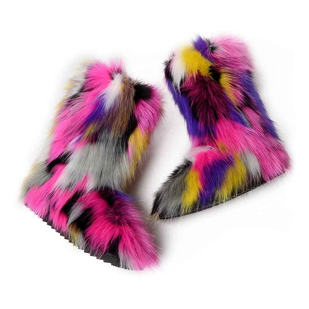 ZOSCGJMY Faux Fur Boots for Women Fuzzy Fluffy Furry Round Toe Suede Winter Snow Boots Flat Shoes Multicolor-6 10