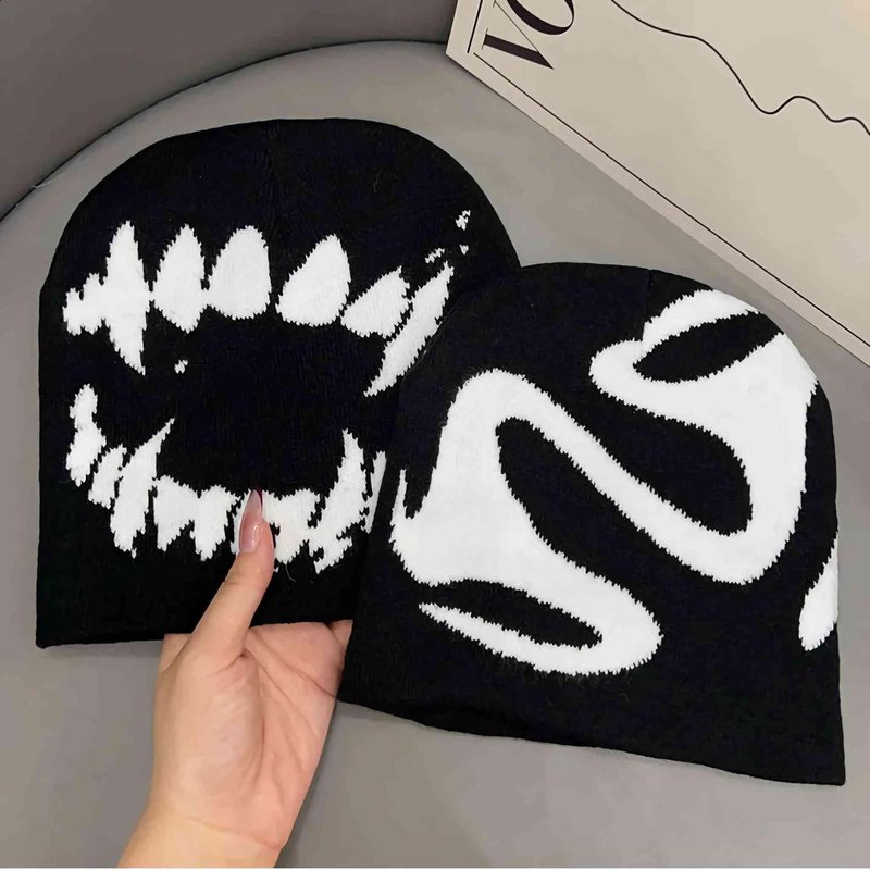 Winatehr Black Graphic Beanie for Men Women, Streetwear y2k Knitted Hat, Slouchy Goth Skull Cap (2 pcs)