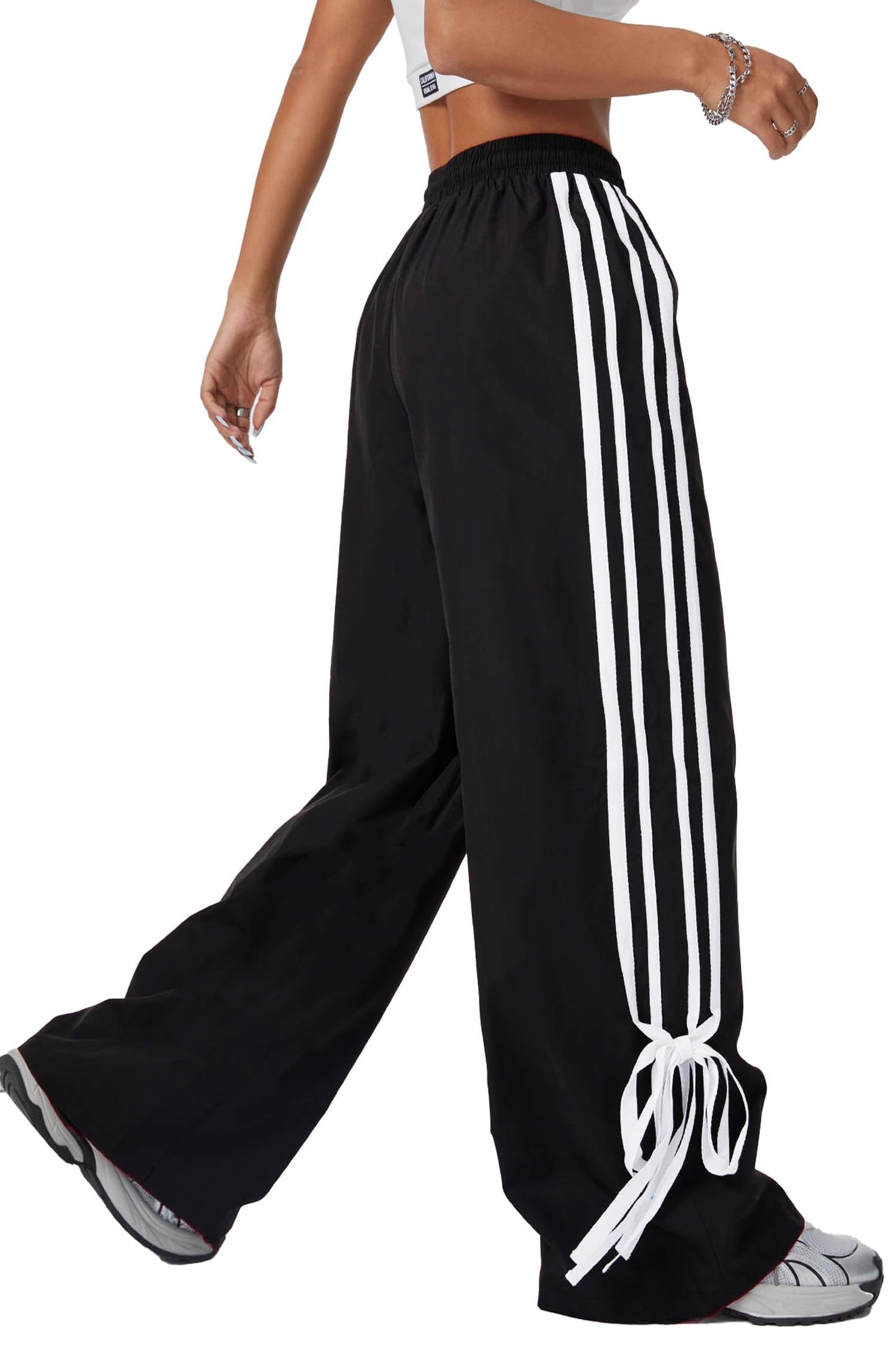 BEAUDRM Women's Y2K Baggy Bow Wide Leg Pants Striped Track Elastic Waist Long Sweatpants Parachute Pants Black and White Large