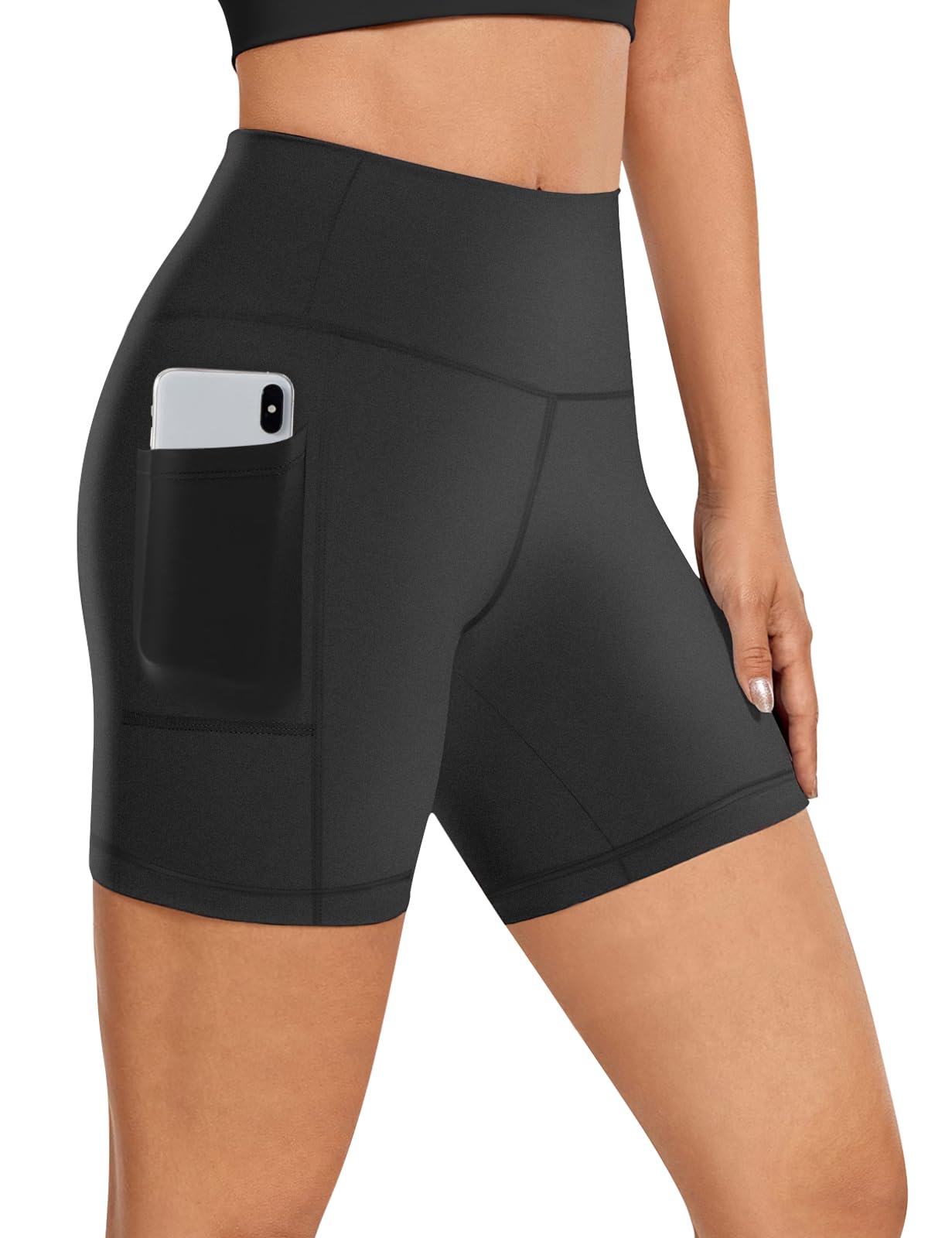 Buauty Biker Shorts Women with Pocket, 5 Inch High Waisted Pull-On Tummy Control Stretch Workout Yoga Shorts for Gym