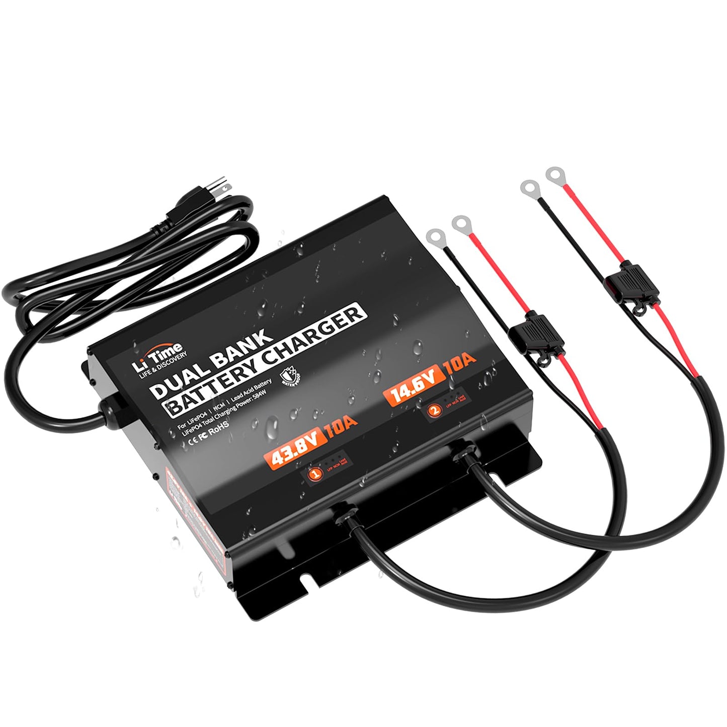 LiTime 2-Bank(43.8V 10A & 14.6V 10A) Lithium Battery Charger for 36V(38.4V)/12V(12.8V) LiFePO4 Battery, AC-DC Smart Charger with IP65 Waterproof, LED Indicator for Boat, Golf Cart, RV and Home