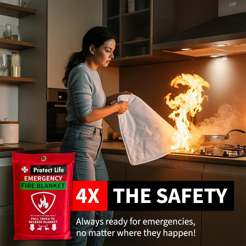 Protect Life Saving Emergency Fire Blankets 4 Pack - 40"x40", Fiberglass Fire Blanket for Home & Kitchen - Fire Suppression or Retardant Tarp - Fire Safety Kit for Car or Camping