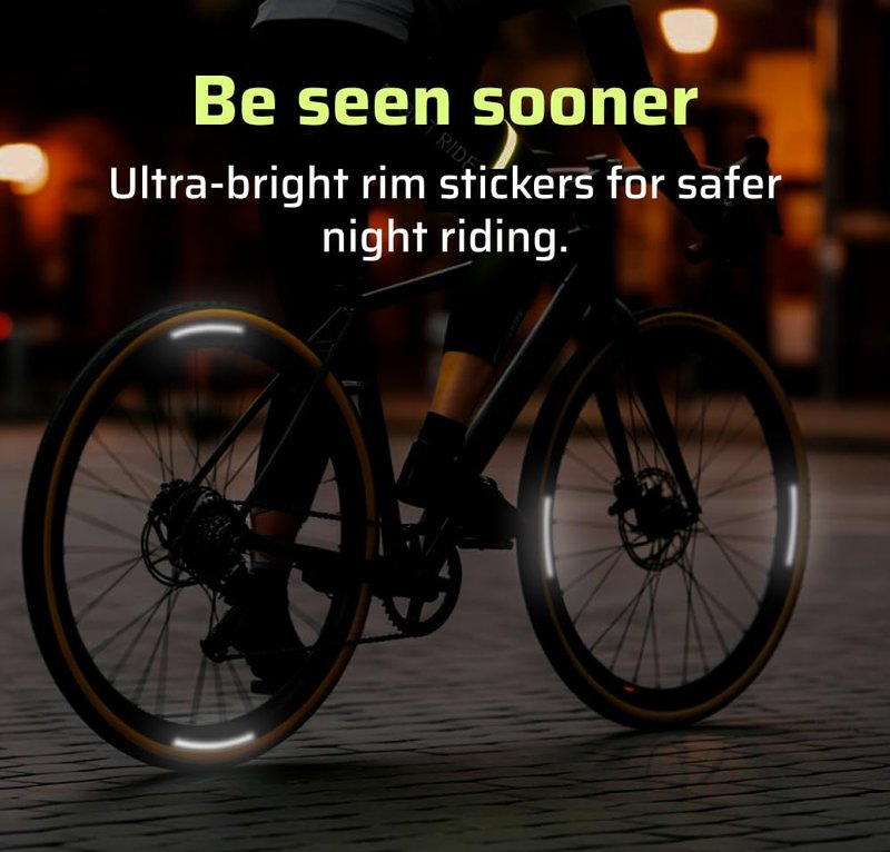 ReflecToes 720 Reflective Wheel Rim Stickers - 16 Pcs Reflective Decals, 720+ Candle Power Wheel Reflectors for Bike - High-Intensity Retroreflective Rim Tape