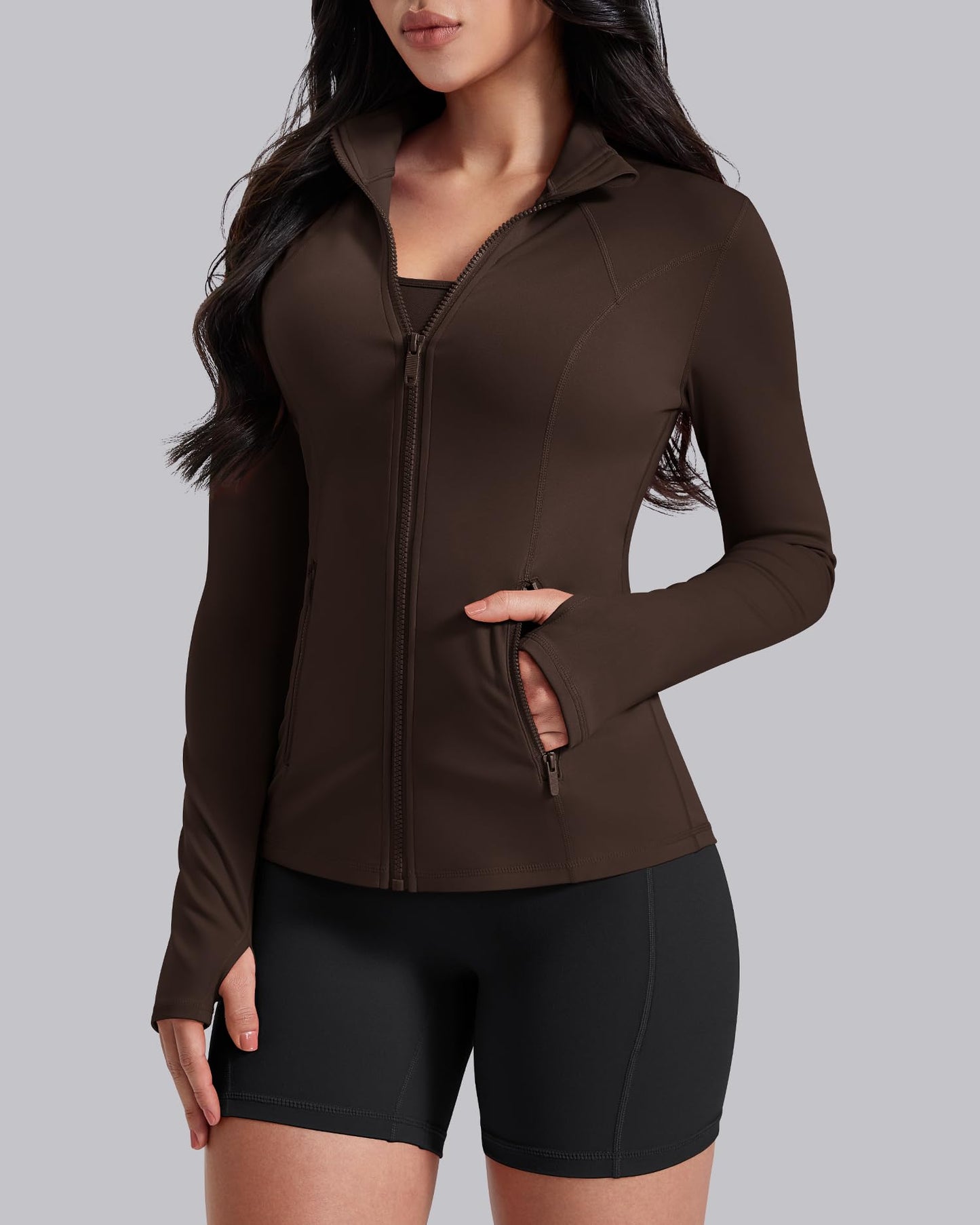 AVGO Womens Workout Jackets Lightweight Athletic Zip Up Jacket Slim Fit Running Gym Top with Pockets & Thumb Holes(Roasted Brown, L)