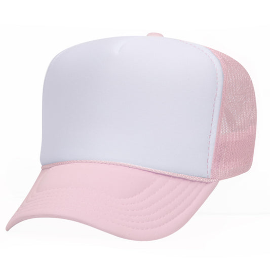 OTTO 39 5 Panel Polyester Foam High Crown Mesh Back Snapback Hat Blank Hat Bulk Hats - Soft Pink/White/Soft Pink