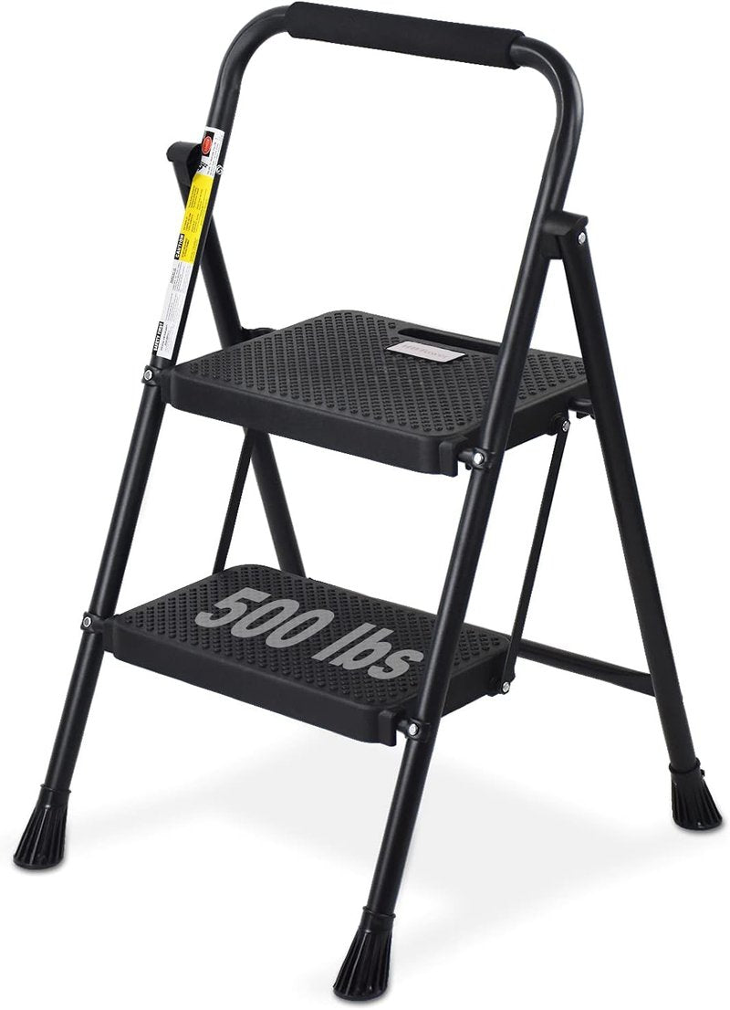 HBTower 2-Step Ladder - 500 lbs Capacity Folding Step Stool with Anti-Slip Pedals & Convenient Handgrip | Lightweight Black Design