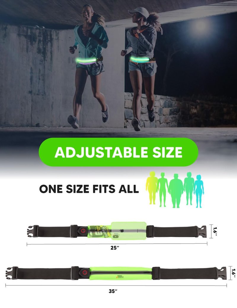 sport2people LED Reflective Running Belt Pouch with USB Rechargeable Light, Reflective Running Gear for Men, Women,Phone Holder for Runners,Visibility Running Safety Lights Belt for Safe Night Running
